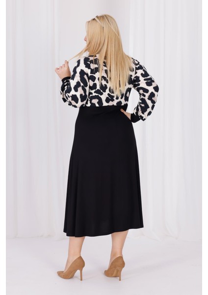 Kadın Vizon Siyah Leopar Desen Bloklu Kruvaze Yaka Balon Kol Büyük Beden Esnek Maxi Elbise