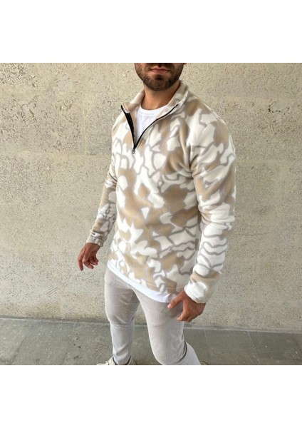 Mdb Erkek Yarım Fermuarlı Desenli Polar Weat Yakalı, Uzun Kollu, Oversize Rahat Kalıp Bej fiyatları