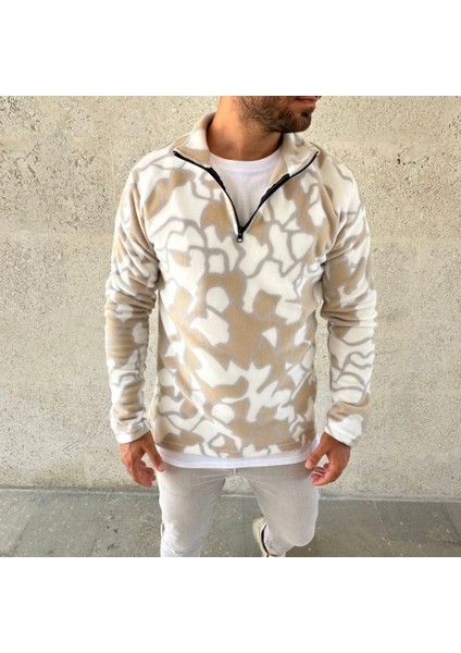 Mdb Erkek Yarım Fermuarlı Desenli Polar Weat Yakalı, Uzun Kollu, Oversize Rahat Kalıp Bej modelleri