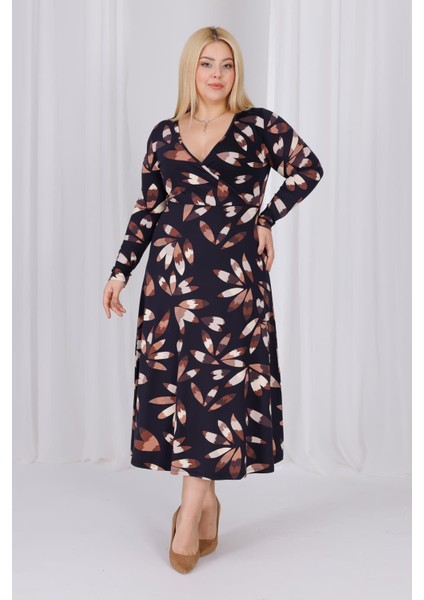 Kadın Siyah Kahve Floral Desen Kruvaze Yaka Büyük Beden Esnek Maxi Elbise fiyatları