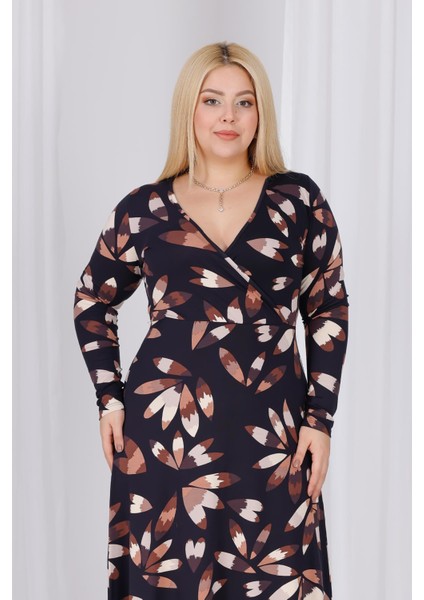 Kadın Siyah Kahve Floral Desen Kruvaze Yaka Büyük Beden Esnek Maxi Elbise indirimleri
