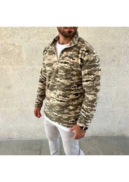Mdb Erkek Yarım Fermuarlı Desenli Polar Weat – Haki Kamuflaj Yakalı, Uzun Kollu, Oversize Rahat Kalıp Haki fırsatları