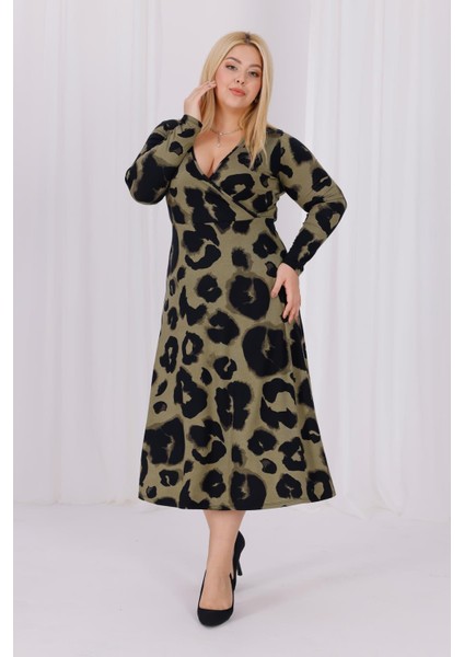 Kadın Haki Yeşil Leopar Desen Kruvaze Yaka Büyük Beden Esnek Maxi Elbise