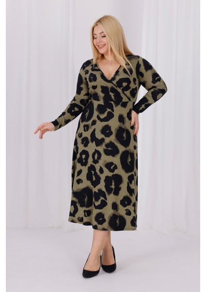 Kadın Haki Yeşil Leopar Desen Kruvaze Yaka Büyük Beden Esnek Maxi Elbise fiyatları