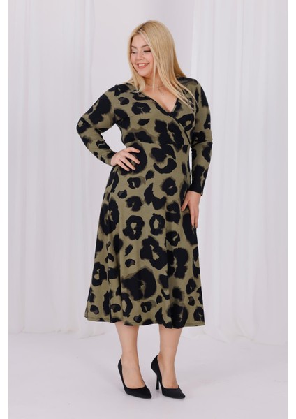 Kadın Haki Yeşil Leopar Desen Kruvaze Yaka Büyük Beden Esnek Maxi Elbise fırsatları