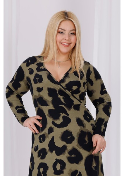 Kadın Haki Yeşil Leopar Desen Kruvaze Yaka Büyük Beden Esnek Maxi Elbise indirimleri