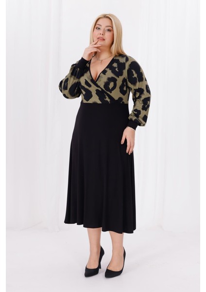 Kadın Haki Yeşil Leopar Desen Bloklu Kruvaze Yaka Balon Kol Büyük Beden Esnek Maxi Elbise