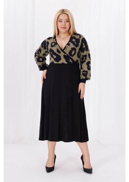 Kadın Haki Yeşil Leopar Desen Bloklu Kruvaze Yaka Balon Kol Büyük Beden Esnek Maxi Elbise fiyatları