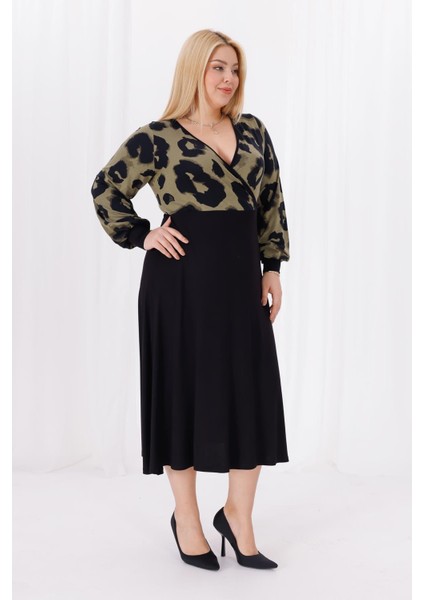 Kadın Haki Yeşil Leopar Desen Bloklu Kruvaze Yaka Balon Kol Büyük Beden Esnek Maxi Elbise modelleri