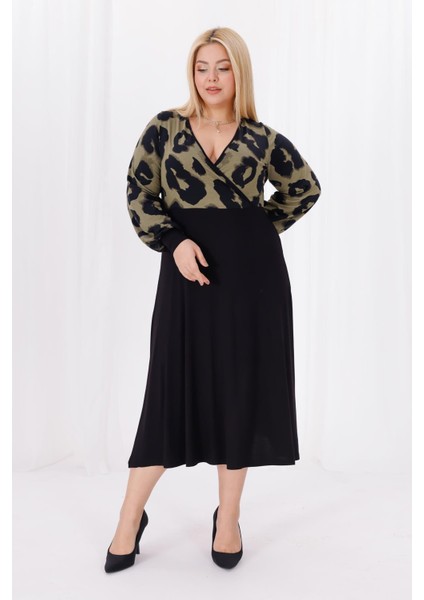 Kadın Haki Yeşil Leopar Desen Bloklu Kruvaze Yaka Balon Kol Büyük Beden Esnek Maxi Elbise fırsatları