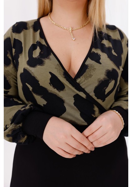 Kadın Haki Yeşil Leopar Desen Bloklu Kruvaze Yaka Balon Kol Büyük Beden Esnek Maxi Elbise indirimleri