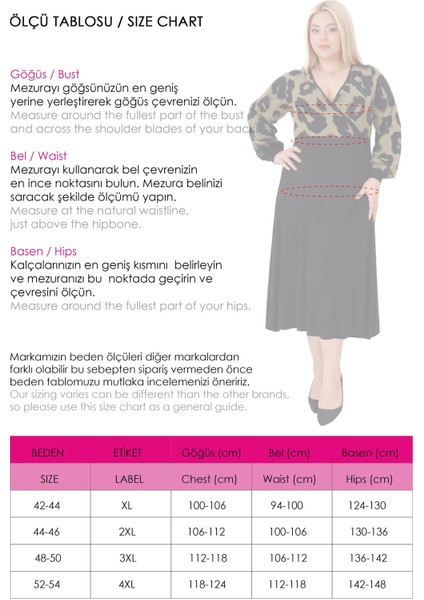 Kadın Haki Yeşil Leopar Desen Bloklu Kruvaze Yaka Balon Kol Büyük Beden Esnek Maxi Elbise