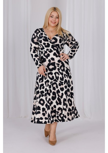 Kadın Vizon Siyah Leopar Desen Kruvaze Yaka Büyük Beden Esnek Maxi Elbise
