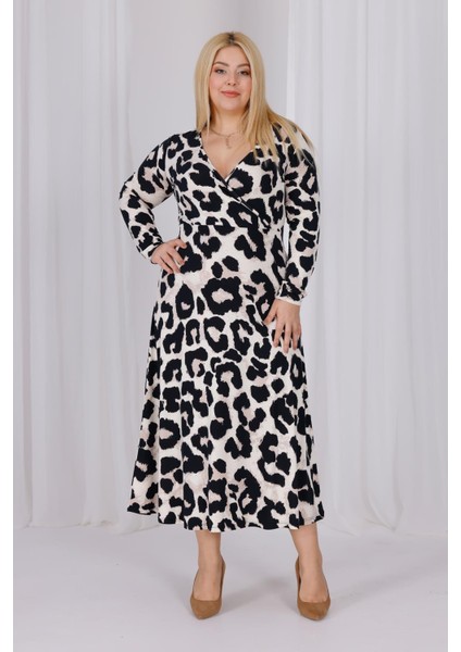 Kadın Vizon Siyah Leopar Desen Kruvaze Yaka Büyük Beden Esnek Maxi Elbise fiyatları