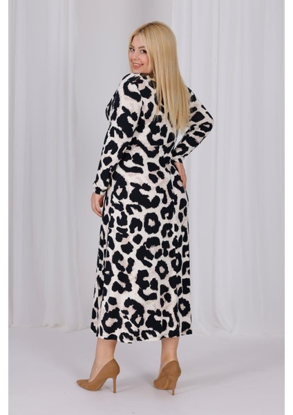 Kadın Vizon Siyah Leopar Desen Kruvaze Yaka Büyük Beden Esnek Maxi Elbise
