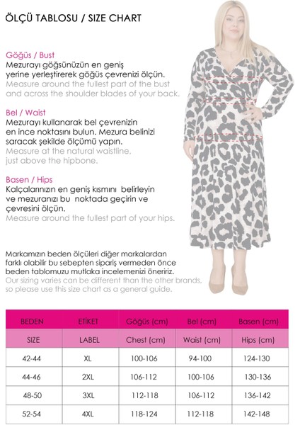 Kadın Vizon Siyah Leopar Desen Kruvaze Yaka Büyük Beden Esnek Maxi Elbise