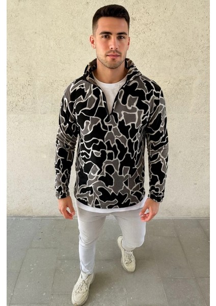 Mdb Erkek Yarım Fermuarlı Desenli Polar Weat Yakalı, Uzun Kollu, Oversize Rahat Kalıp Iyah