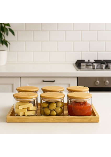 6 Lı Tepsili Borosilikat Cam Kahvaltılık Bambu -Bambu Kapaklı Kahvaltilik- ( 90 x 70 Mm)
