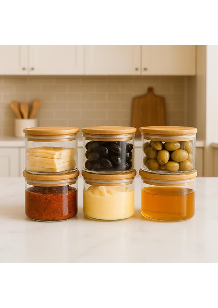 6 Lı Tepsili Borosilikat Cam Kahvaltılık Bambu -Bambu Kapaklı Kahvaltilik- ( 90 x 70 Mm) modelleri