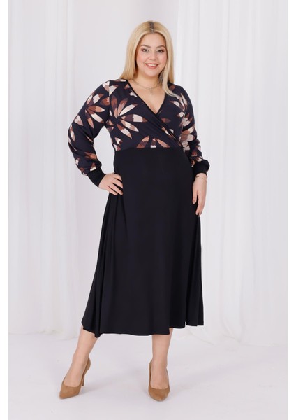 Kadın Siyah Kahve Floral Desen Bloklu Kruvaze Yaka Balon Kol Büyük Beden Esnek Maxi Elbise