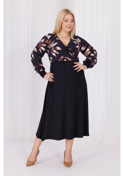 Kadın Siyah Kahve Floral Desen Bloklu Kruvaze Yaka Balon Kol Büyük Beden Esnek Maxi Elbise fiyatları