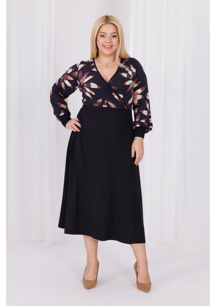 Kadın Siyah Kahve Floral Desen Bloklu Kruvaze Yaka Balon Kol Büyük Beden Esnek Maxi Elbise modelleri