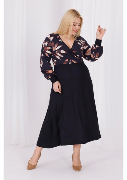 Kadın Siyah Kahve Floral Desen Bloklu Kruvaze Yaka Balon Kol Büyük Beden Esnek Maxi Elbise fırsatları