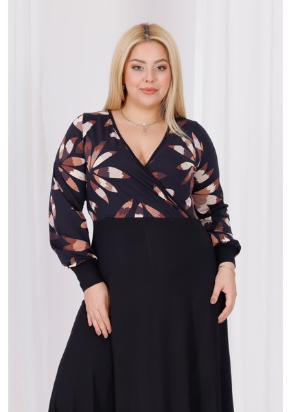 Kadın Siyah Kahve Floral Desen Bloklu Kruvaze Yaka Balon Kol Büyük Beden Esnek Maxi Elbise indirimleri