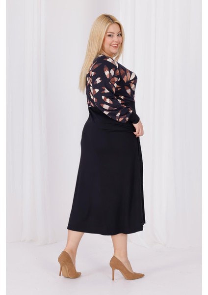 Kadın Siyah Kahve Floral Desen Bloklu Kruvaze Yaka Balon Kol Büyük Beden Esnek Maxi Elbise