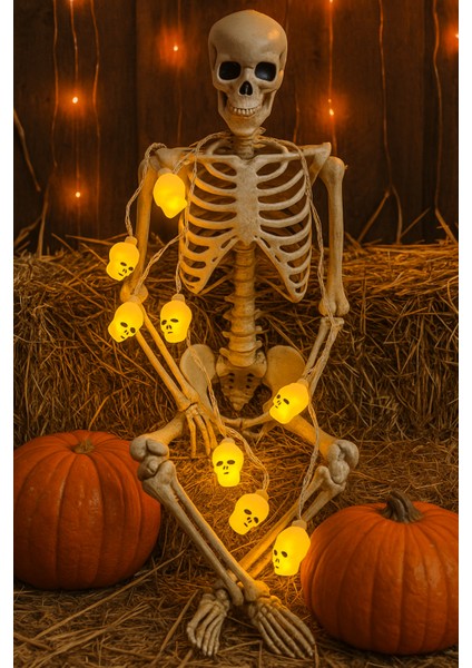 Halloween Cadılar Bayramı LED Işık Kuru Kafa Figür 2m 5cm Lik 10LU Pilli Parti Aksesuarı