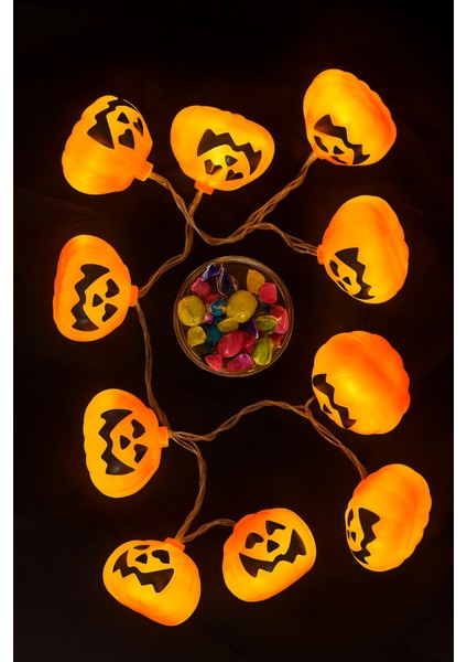 Halloween Cadılar Bayramı Işık LED Bal Kabağı Figür 2m 6cm 10LU Pilli Süsleme Dekoru modelleri