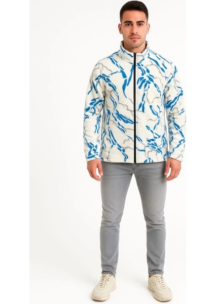 Mdb Erkek Tam Fermuarlı Desenli Polar Weat Ightning Desen Yakalı, Uzun Kollu, Oversize Rahat Kalıp Beyaz