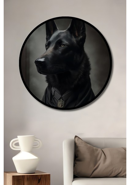 Çerçeve Görünümlü Siyah Alman Çoban Köpeği Portresi Dekoratif Ahşap Mdf Tablo Yuvarlak Tablo