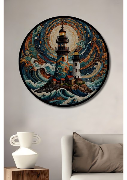 Çerçeve Görünümlü Dalgalı Denizlerde Fener Soyut Sanat Ahşap Mdf Dekoratif Tablo Yuvarlak Tablo