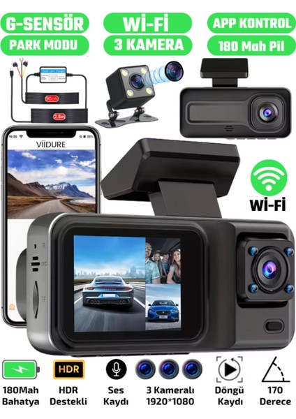 A-98 Wifi Full Hd 3 Kameralı Araç Içi Güvenlik Kamerası + Park Modu Kablosu Ön-Arka-Iç Kayıt,dashcam