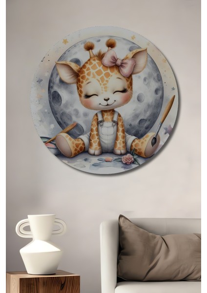 Ay Işığında Sevimli Zürafa Ahşap Mdf Dekoratif Ev/işyeri Duvar Tablo Yuvarlak Ev/işyeri Duvar Tablo