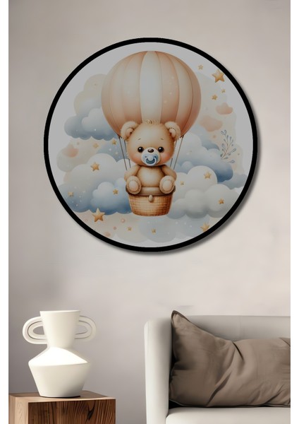 Çerçeve Görünümlü Sevimli Ayıcık Dekoratif Ahşap Mdf Ev Duvar Tablo Yuvarlak Ev Duvar Tablo