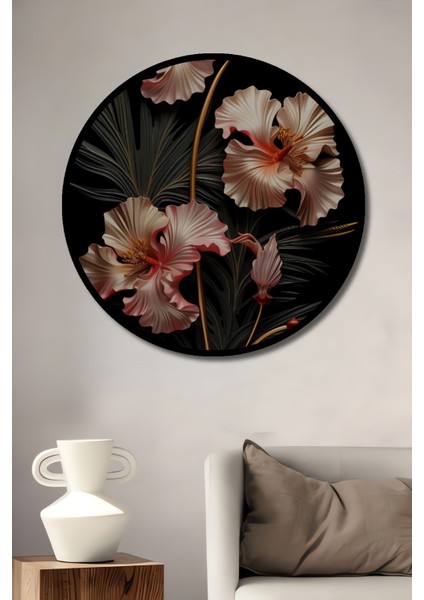 Çerçeve Görünümlü Egzotik Çiçekler Dekoratif Ahşap Mdf Ev Duvar Tablo Yuvarlak Ev Duvar Tablo
