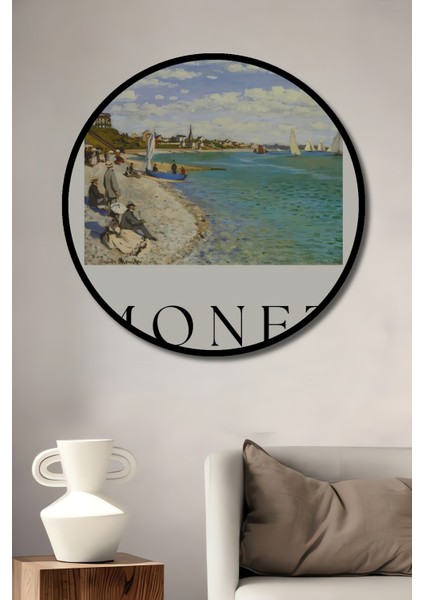 Çerçeve Görünümlü Monet Dekoratif Ahşap Mdf Tablo Sahil ve Deniz Manzarası Yuvarlak Tablo