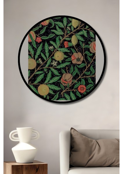 Çerçeve Görünümlü William Morris Meyve Desenli Dekoratif Ahşap Mdf Tablo Yuvarlak Tablo