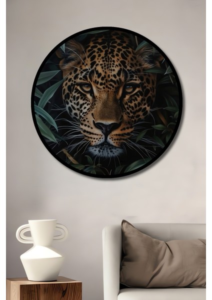 Çerçeve Görünümlü Leopar Doğanın Sırrı Dekoratif Ahşap Mdf Ev Duvar Tablo Yuvarlak Ev Duvar Tablo