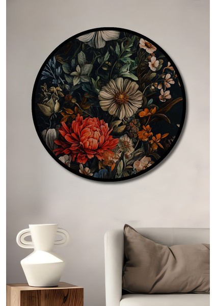 Çerçeve Görünümlü Çiçek Bahçesi Ahşap Mdf Dekoratif Ev Duvar Tablo Yuvarlak Ev Duvar Tablo