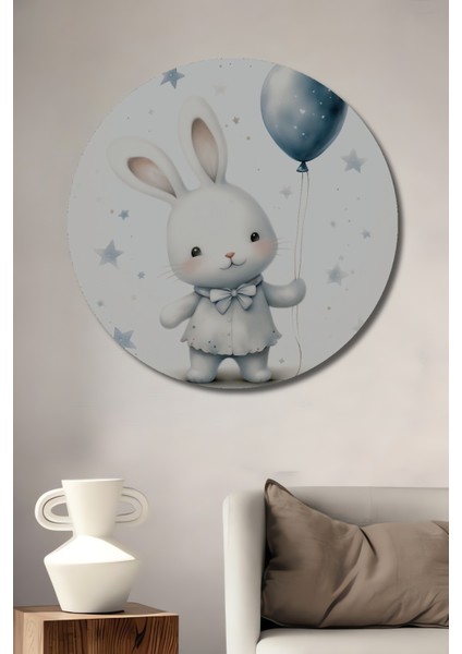 Sevimli Tavşan Balonuyla Dekoratif Ahşap Mdf Ev/işyeri Duvar Tablo Yuvarlak Ev/işyeri Duvar Tablo