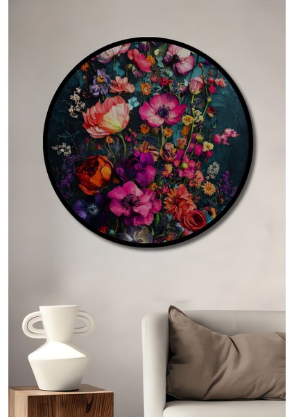 Çerçeve Görünümlü Çiçek Bahçesi Dekoratif Ahşap Mdf Ev Duvar Tablo Yuvarlak Ev Duvar Tablo