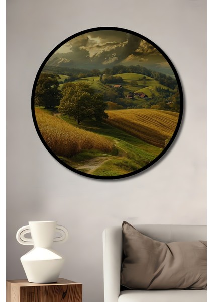 Çerçeve Görünümlü Kırsal Manzara Ahşap Mdf Dekoratif Ev Duvar Tablo Yuvarlak Ev Duvar Tablo