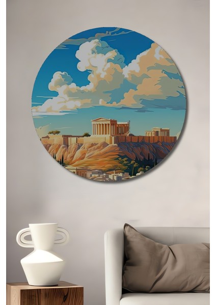 Atina Akropolis Antik Yunan Ahşap Mdf Dekoratif Işyeri Duvar Tablo Yuvarlak Işyeri Duvar Tablo