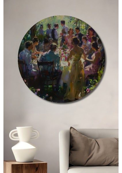 Bahçede Sonbahar Sohbetleri Ahşap Mdf Dekoratif Işyeri Duvar Tablo Yuvarlak Işyeri Duvar Tablo