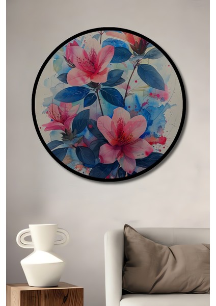 Çerçeve Görünümlü Çarpıcı Çiçek Desenli Dekoratif Ahşap Mdf Ev Duvar Tablo Yuvarlak Ev Duvar Tablo