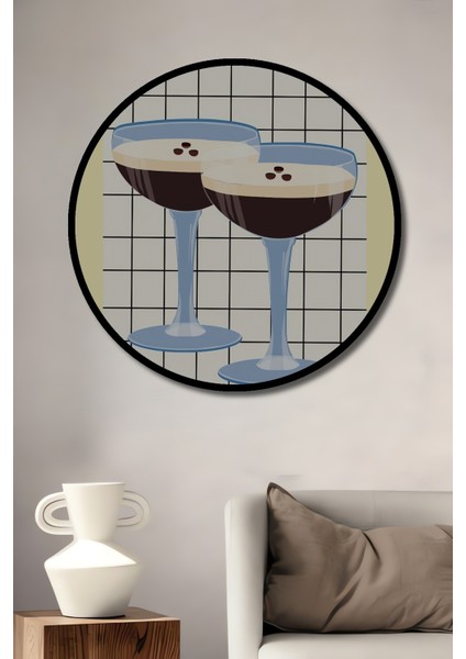 Çerçeve Görünümlü Espresso Martini Ikili Cam Kadeh Ahşap Mdf Dekoratif Tablo Yuvarlak Tablo