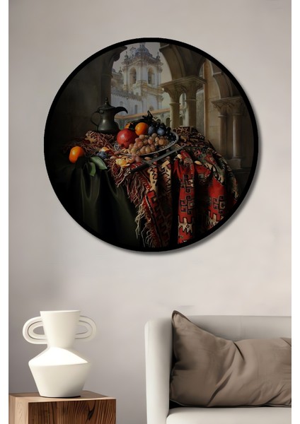 Çerçeve Görünümlü Barok Meyve Ziyafeti Ahşap Mdf Dekoratif Ev Duvar Tablo Yuvarlak Ev Duvar Tablo